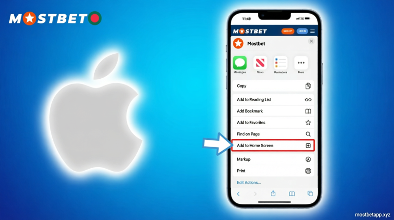 Step 5: Select Add to home screen in the pop-up menu on Mostbet website